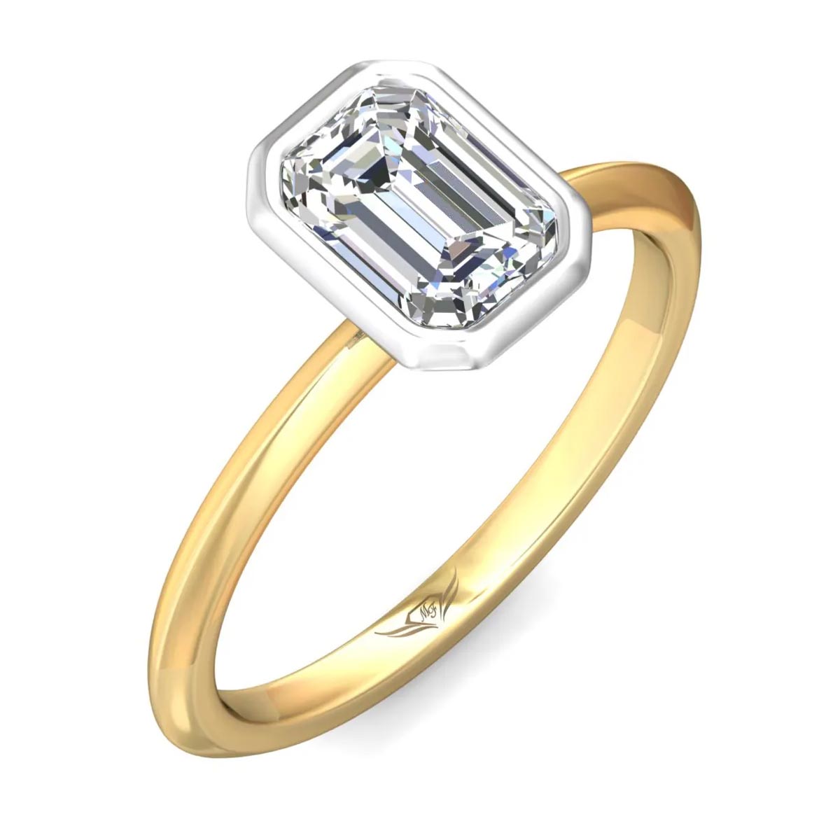 Martin Flyer Emerald Cut Bezel Solitaire Engagement Ring Setting in 14kt Yellow and White Gold