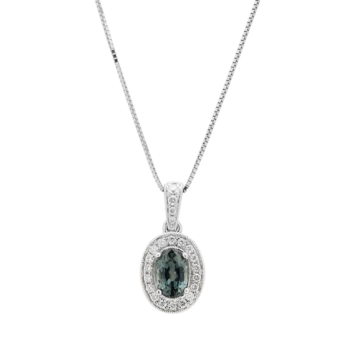 Maine Green Tourmaline Oval Halo Necklace in 14kt White Gold with Diamonds (1/10ct tw)