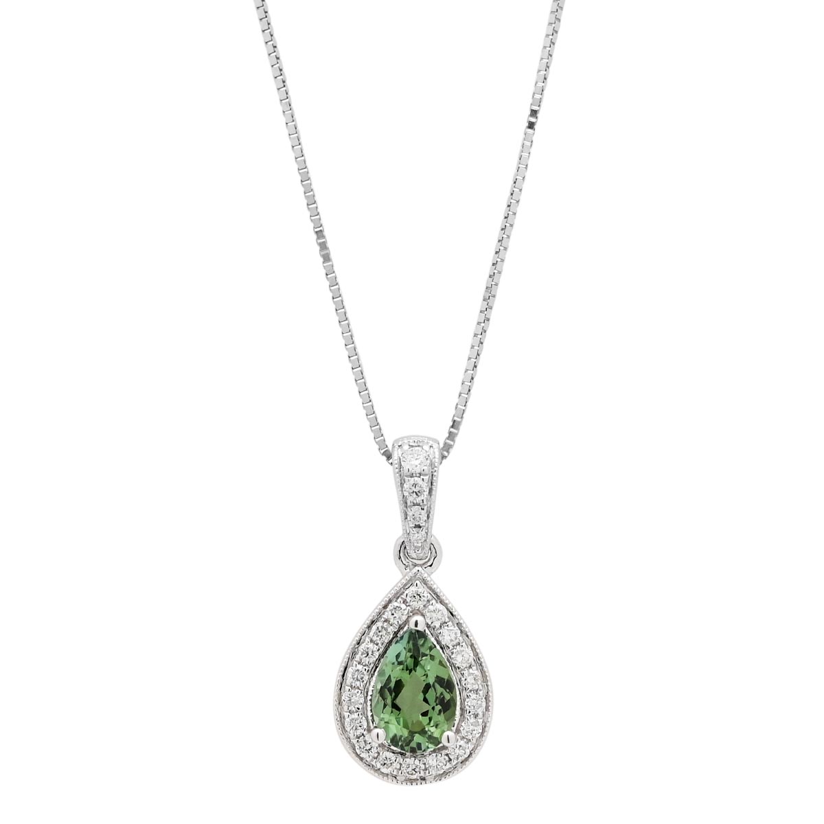 Maine Green Tourmaline Pear Shape Halo Necklace in 14kt White Gold with Diamonds (1/10ct tw)