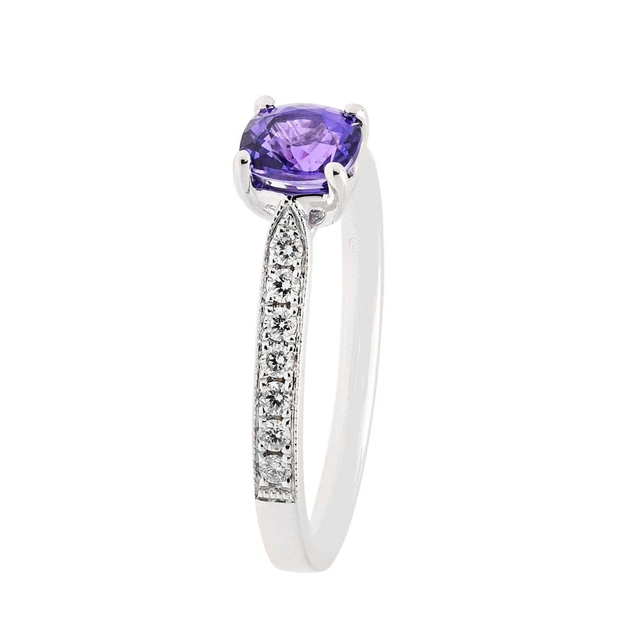 Cushion Cut Purple Sapphire Ring in 18kt White Gold with Diamonds (1/5ct tw)