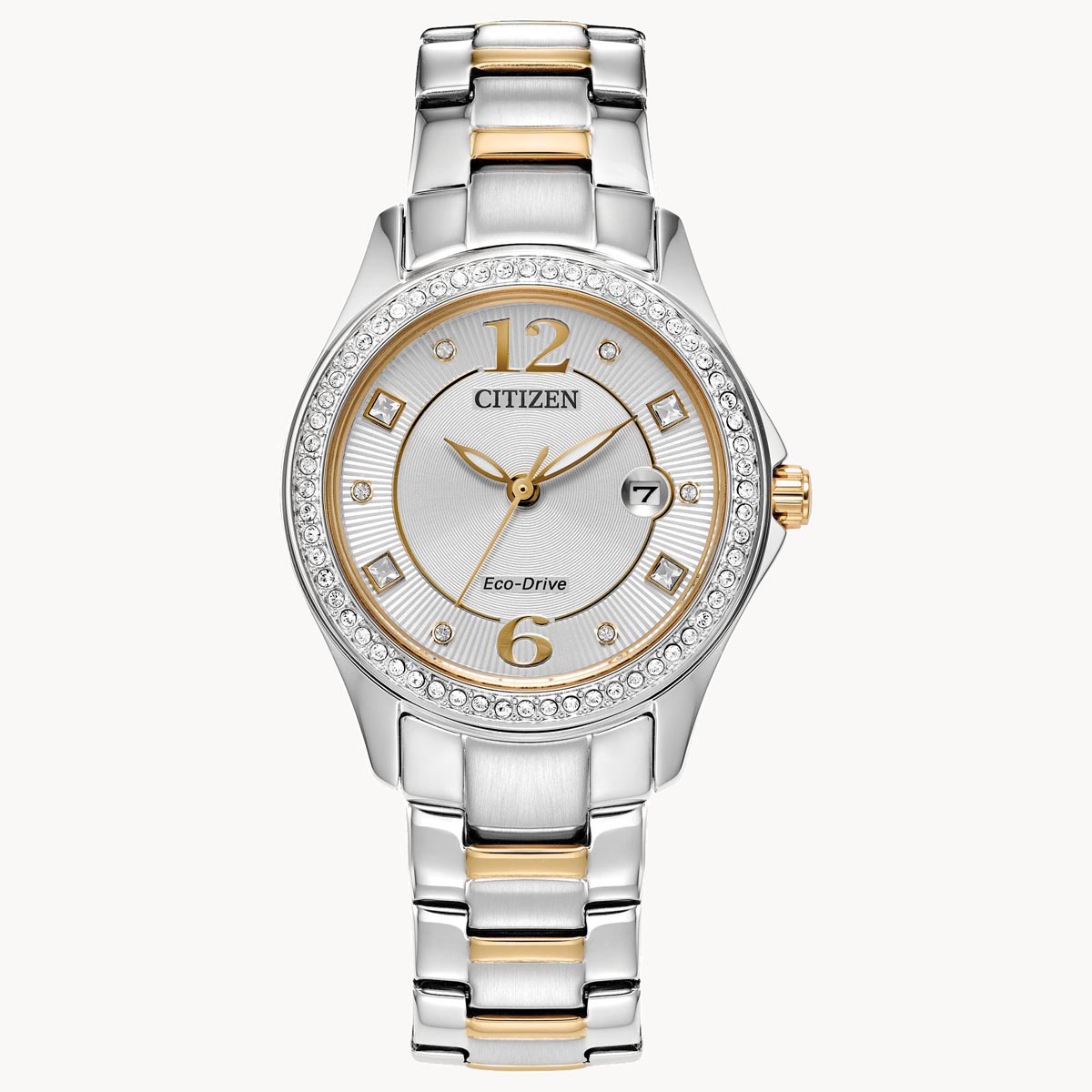 Citizen Crystal Womens Watch with Two Toned Stainless Steel Bracelet and White Dial (eco-drive movement)