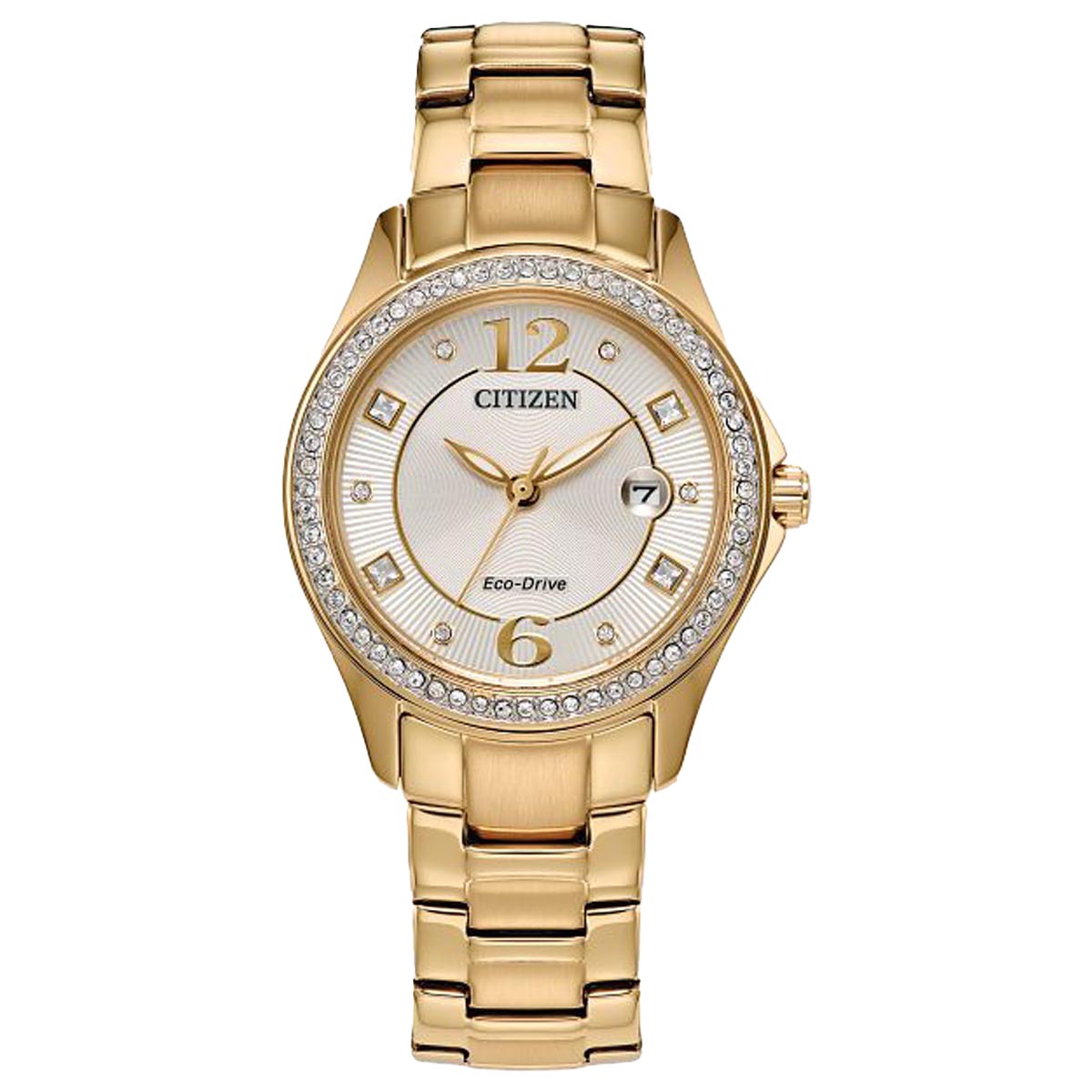 Citizen Crystal Womens Watch with Gold Toned Stainless Steel Bracelet and White Dial (eco-drive movement)
