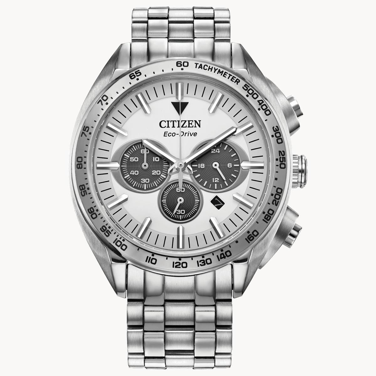 Citizen Sport Luxury Mens Chronograph Watch with White Dial and Stainless Steel Bracelet (eco drive movement)