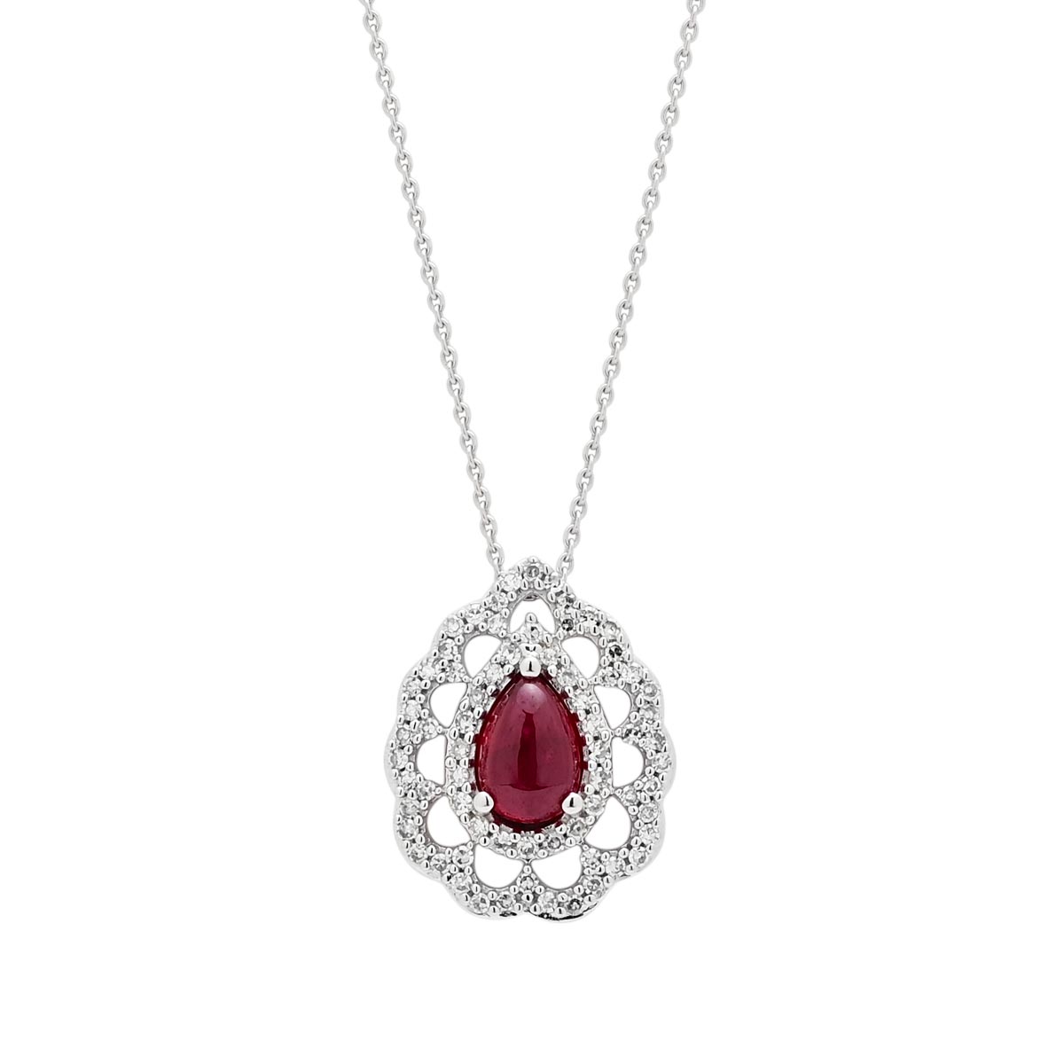 Pear Shape Greenland Ruby Necklace in 10kt White Gold with Diamonds (1/5ct tw)