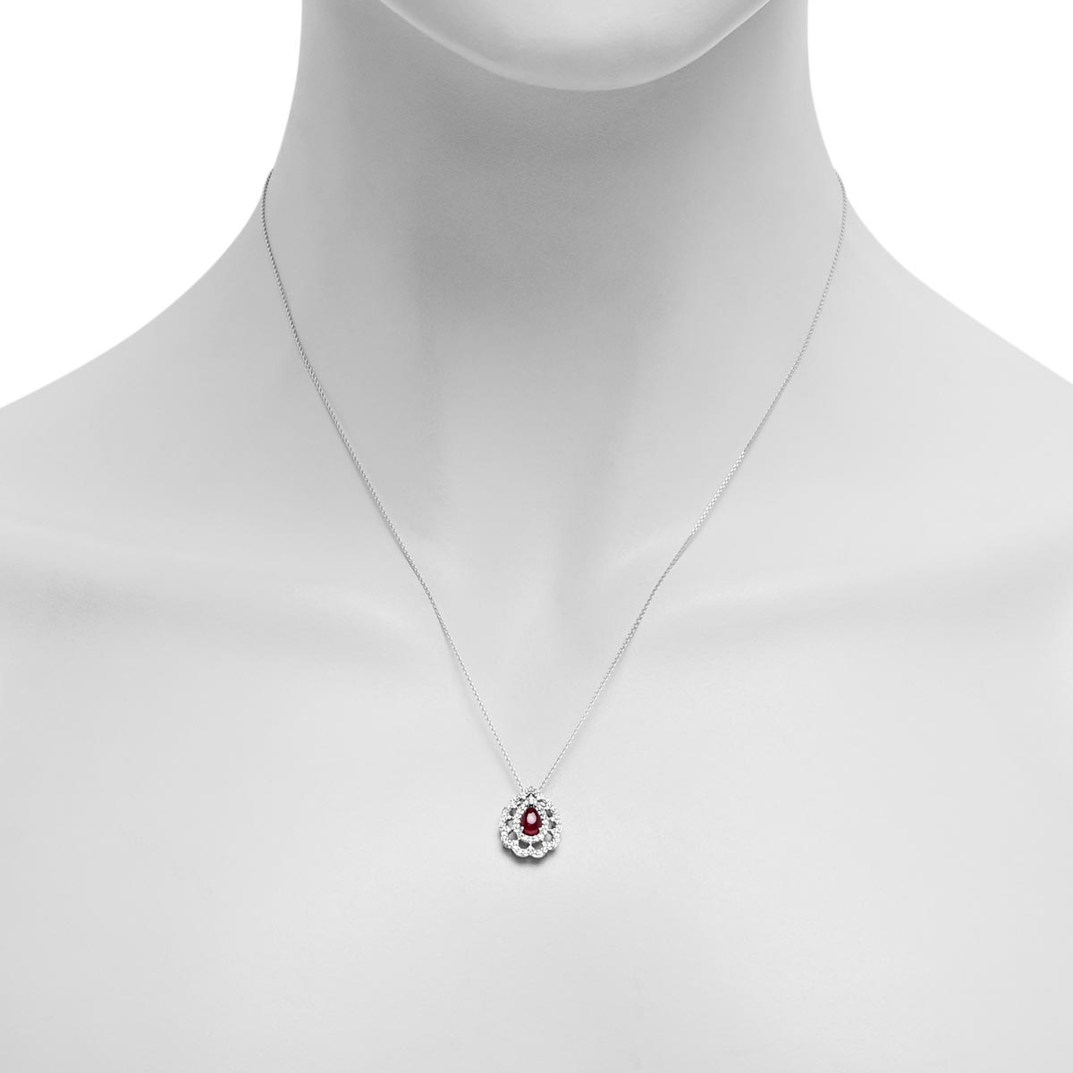 Pear Shape Greenland Ruby Necklace in 10kt White Gold with Diamonds (1/5ct tw)