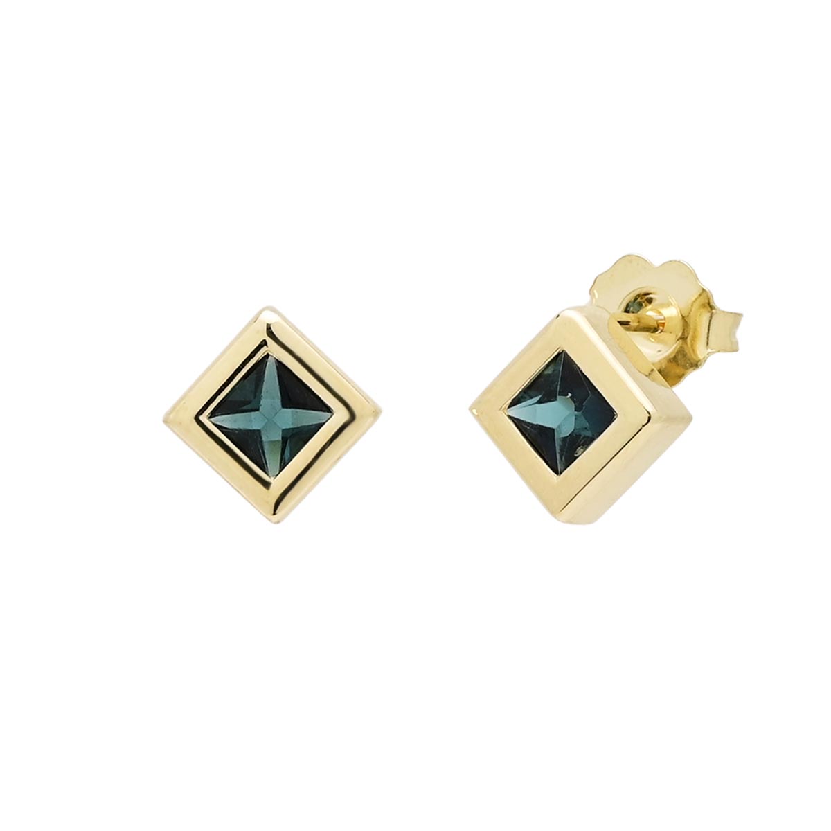 Maine Indicolite Tourmaline Princess Cut Bezel Stud Earrings in 14kt Yellow Gold