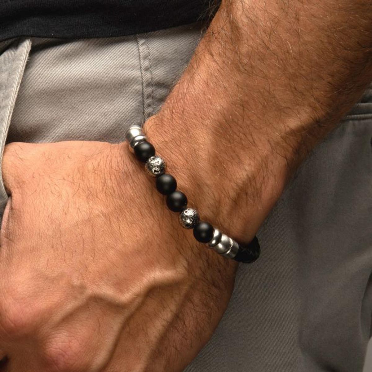 Men's Black and Orange Beaded Bracelet
