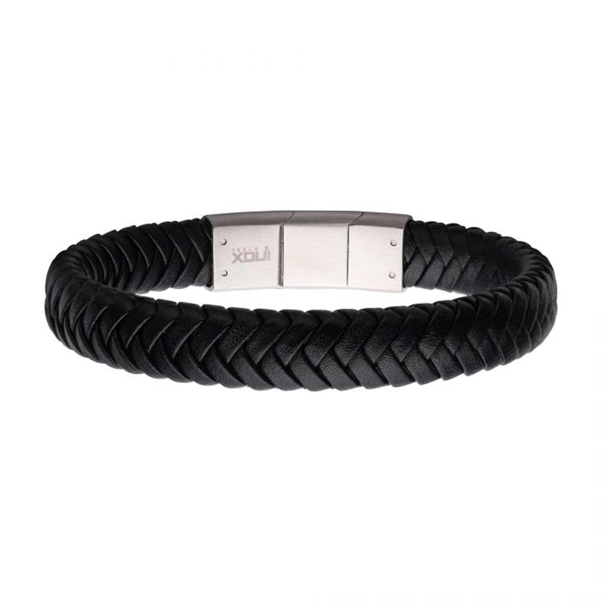 Mens Black Braided Leather Bracelet in Stainless Steel