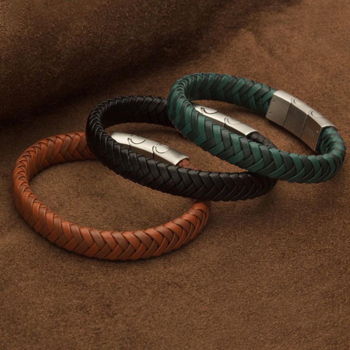 Mens Black Braided Leather Bracelet in Stainless Steel