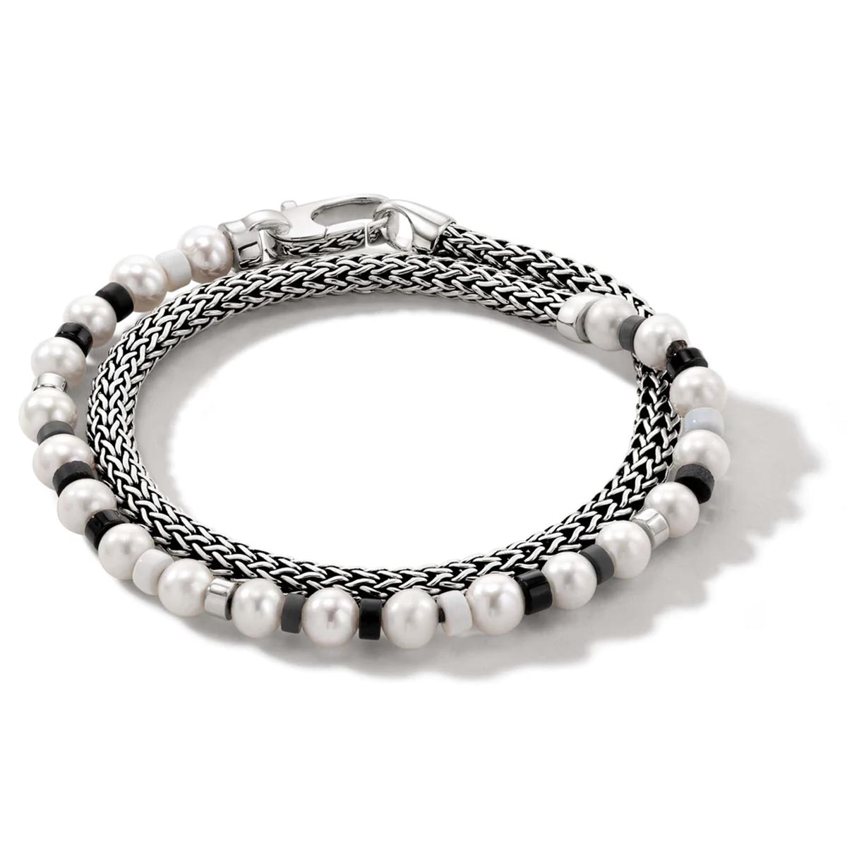 John Hardy Colorblock Collection Cultured Freshwater Pearl Black Onyx and Hematite Bead Bracelet in Sterling Silver with White Enamel (5.5-6mm pearls)