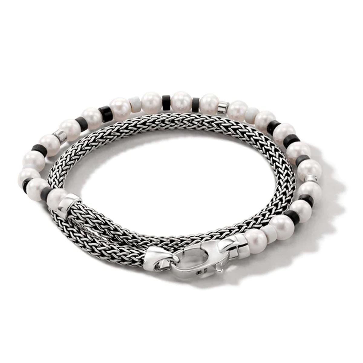 John Hardy Colorblock Collection Cultured Freshwater Pearl Black Onyx and Hematite Bead Bracelet in Sterling Silver with White Enamel (5.5-6mm pearls)