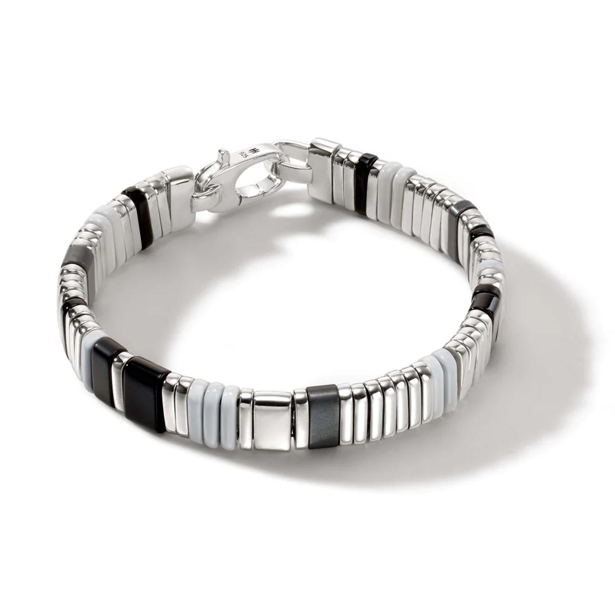 John Hardy Colorblock Collection Hematite and Black Onyx Bead Bracelet in Sterling Silver with White Enamel