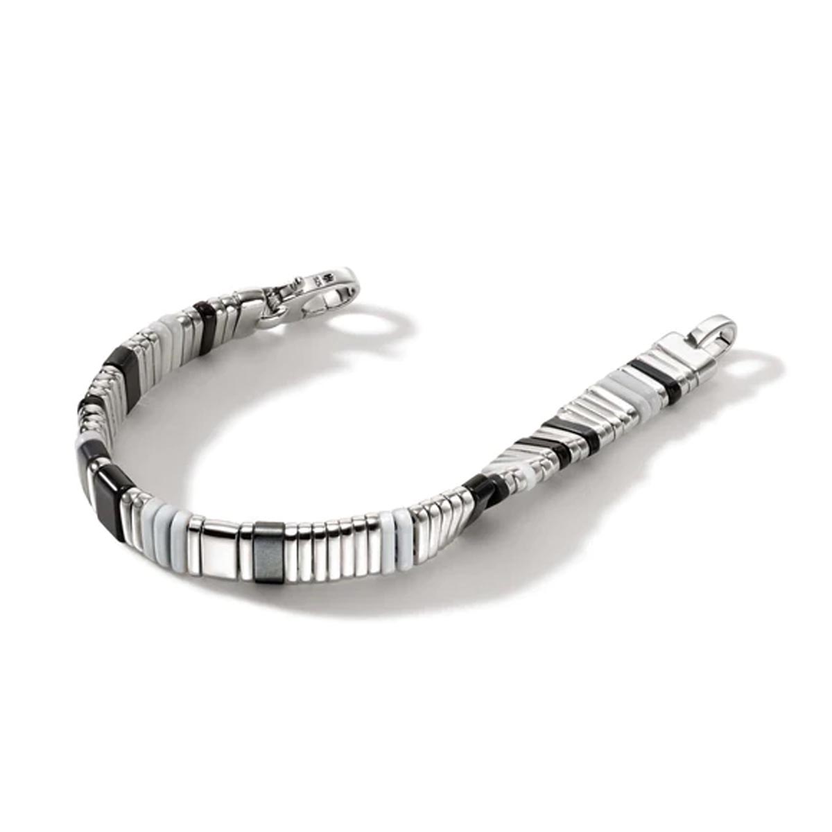 John Hardy Colorblock Collection Hematite and Black Onyx Bead Bracelet in Sterling Silver with White Enamel