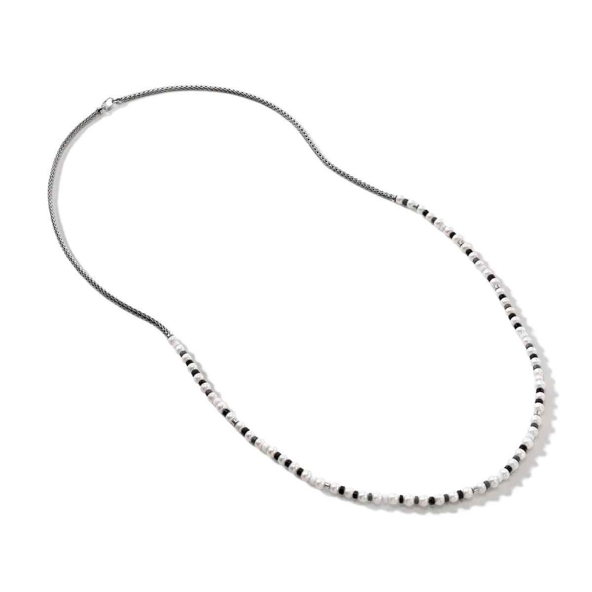 John Hardy Colorblock Collection Cultured Freshwater Pearl Black Onyx and Hematite Bead Necklace in Sterling Silver with White Enamel (5.5-6mm pearls)