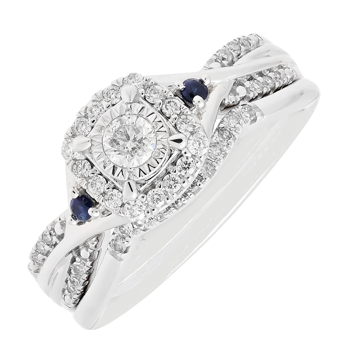 Diamond and Blue Sapphire Bridal Set in 10kt White Gold (1/3ct tw)
