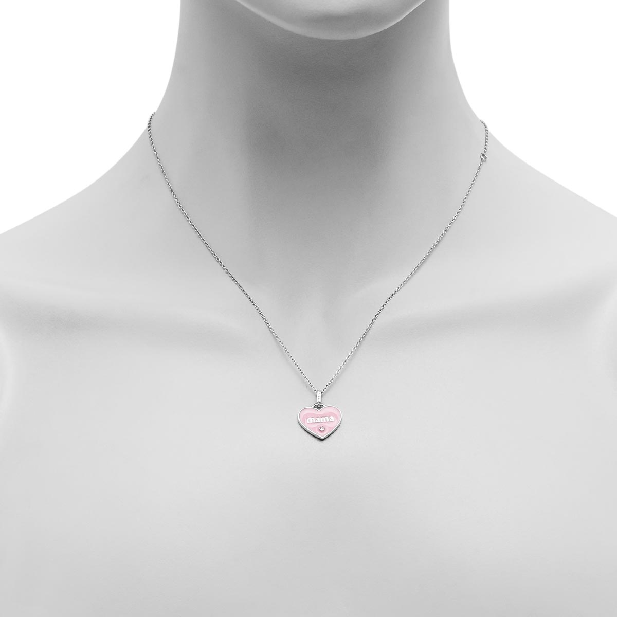 Mama Pink Enamel Heart Pendant with Diamonds in Sterling Silver (.03ct tw)