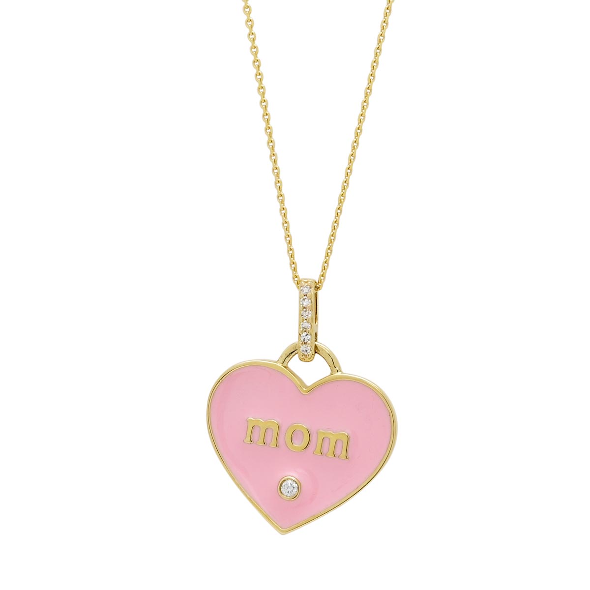 Mom Pink Enamel Heart Pendant with Diamonds in 10kt Yellow Gold (.03ct tw)