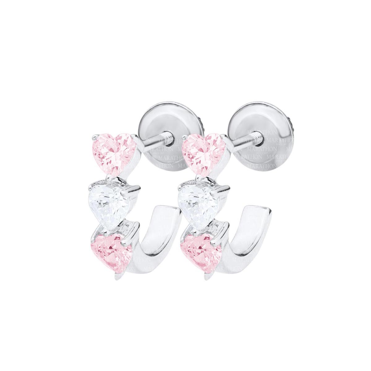 Childrens Pink Heart Shape Cubic Zirconia Hoop Earrings in Sterling Silver