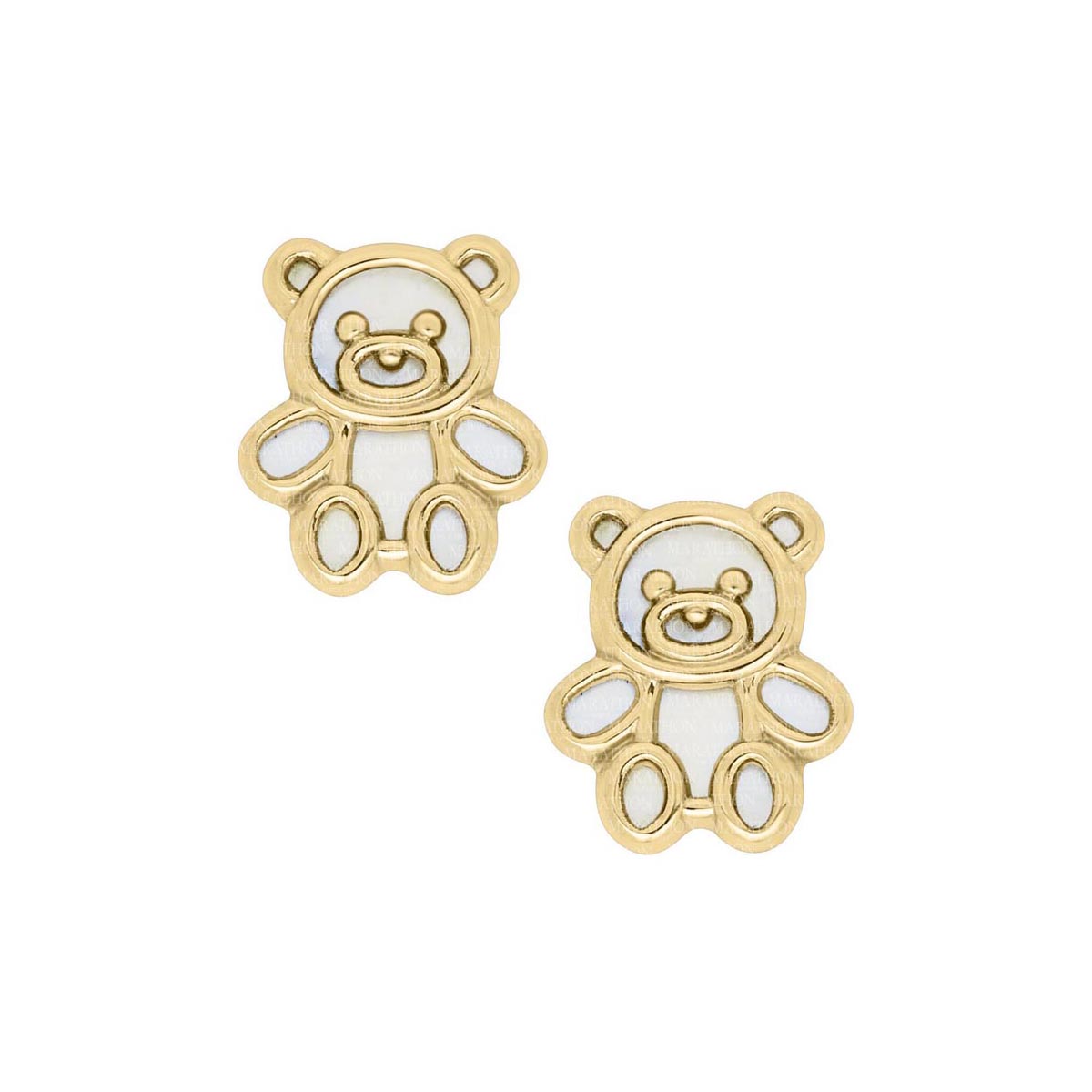 Childrens Mother of Pearl Teddy Bear Stud Earrings in 14kt Yellow Gold