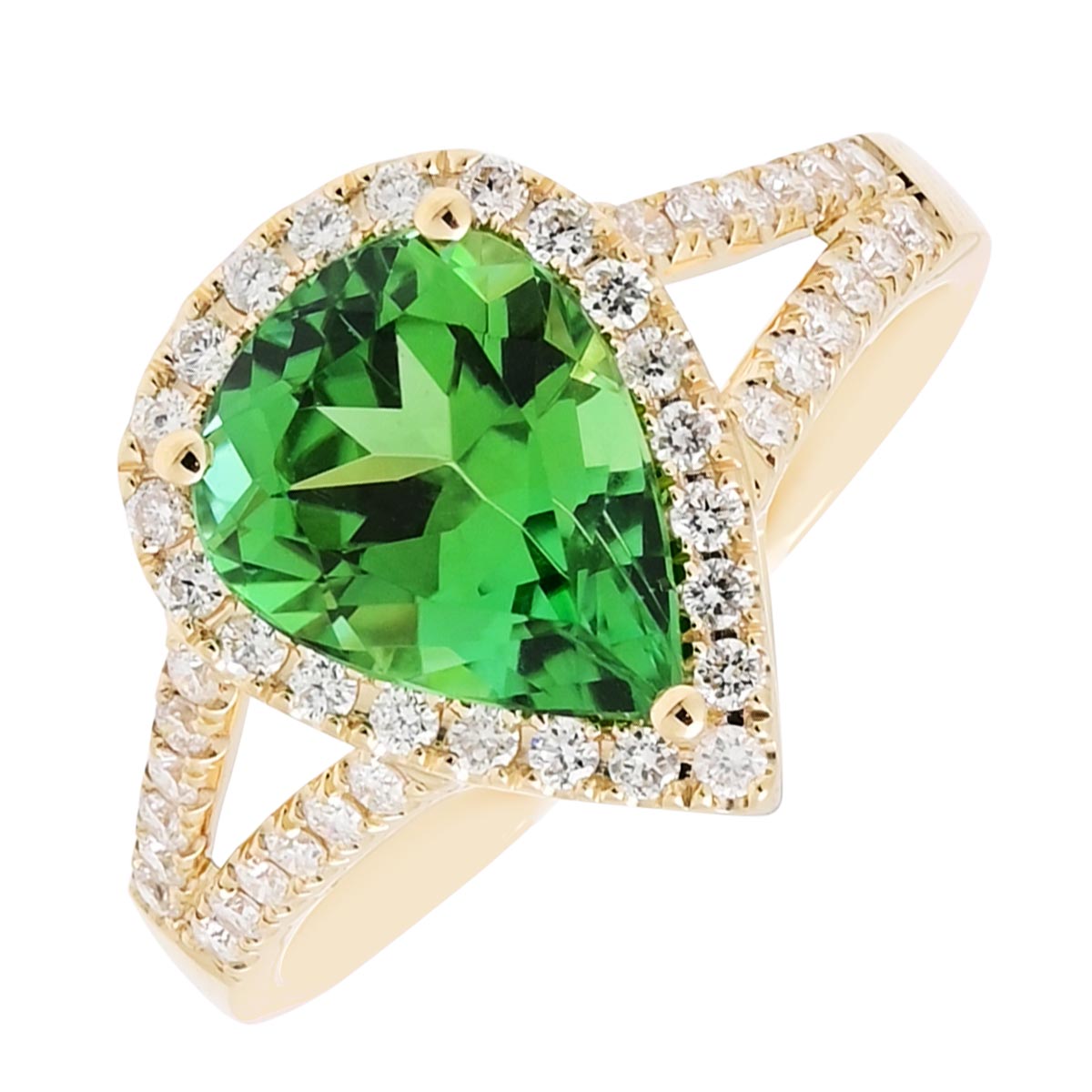 Pear Shape Green Tourmaline Ring in 14kt Yellow Gold with Diamonds (1/3ct tw)