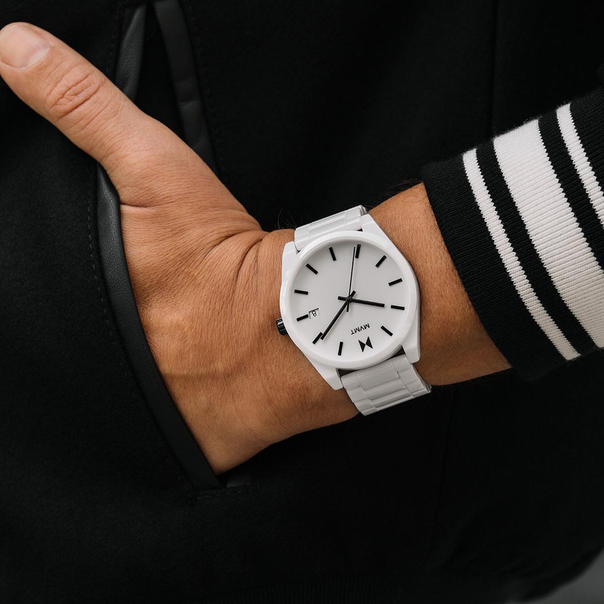 MVMT Element Mens Watch with White Dial and White Ceramic Bracelet (quartz movement)