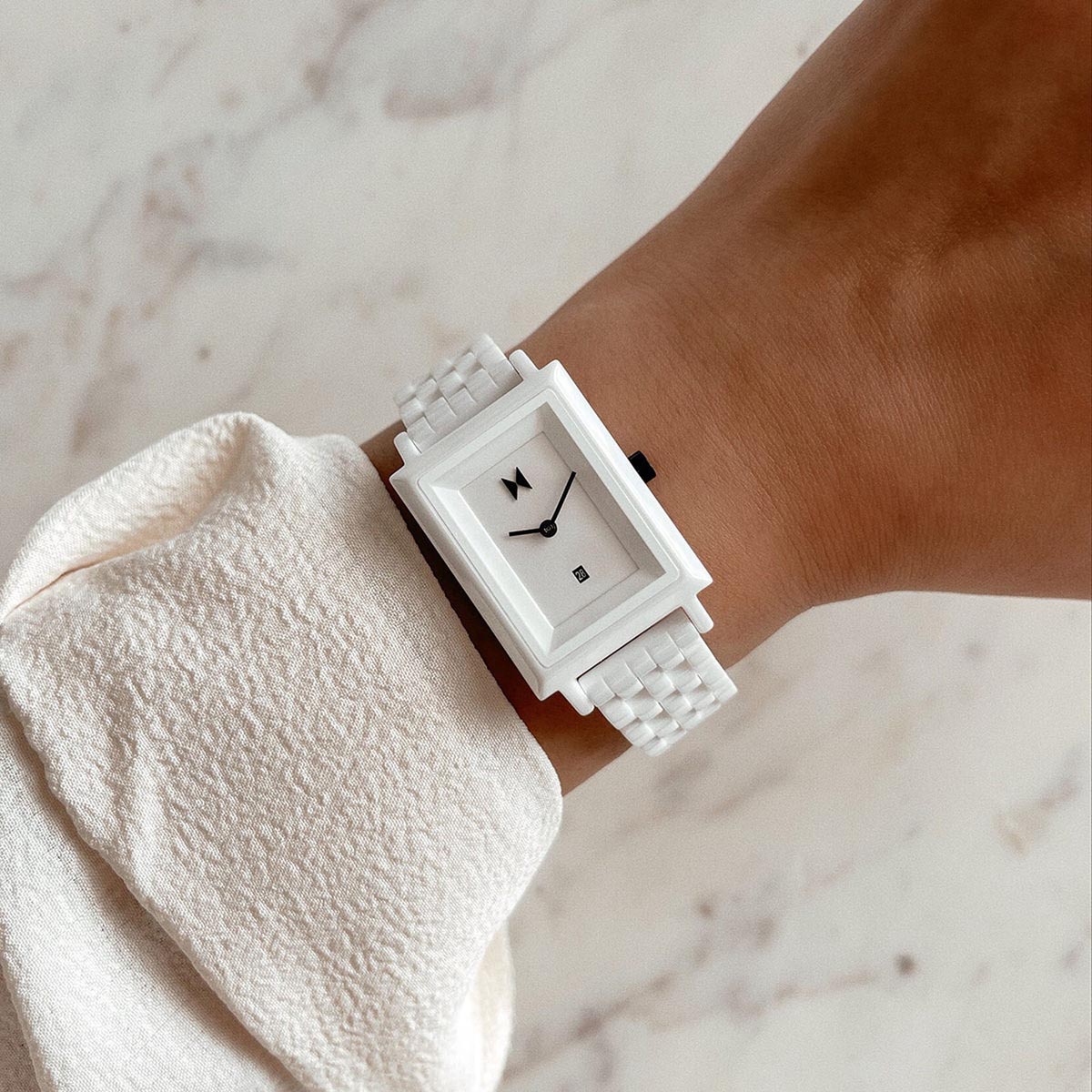 MVMT Signature Square Womens Watch with White Dial and White Ceramic Bracelet (quartz movement)