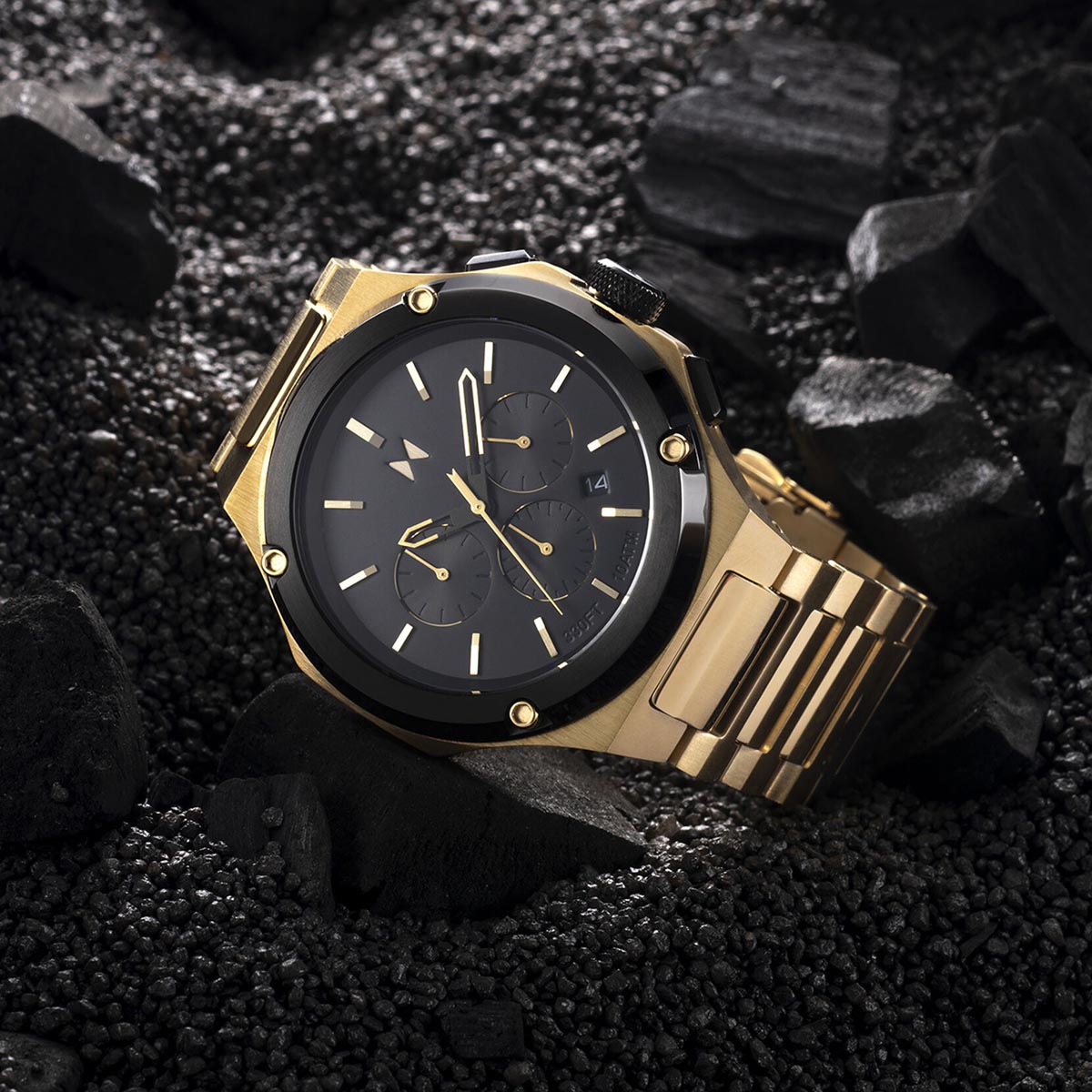 MVMT Raptor Mens Chronograph Watch with Black Dial and Gold Toned Stainless Steel Bracelet (quartz movement)