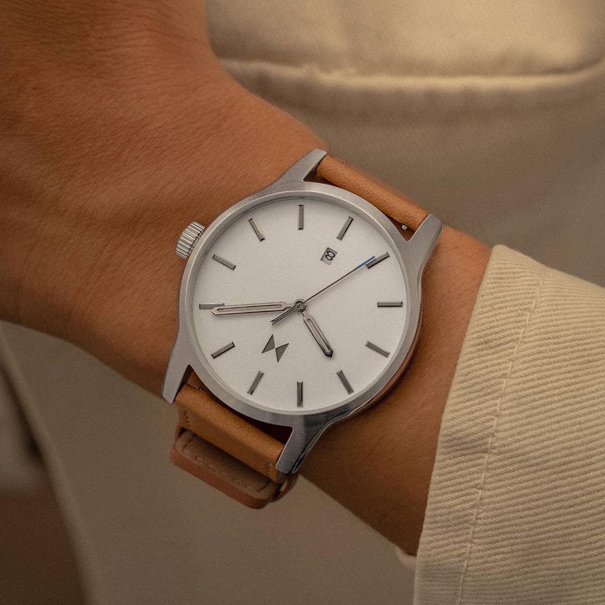 MVMT Classic II Mens Watch with White Dial and Tan Leather Strap (quartz movement)