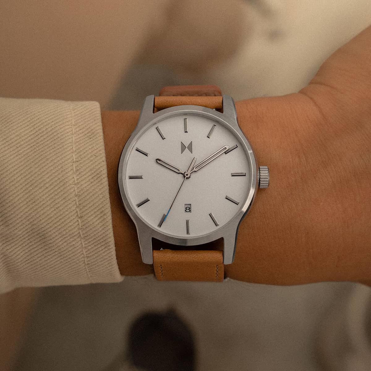 MVMT Classic II Mens Watch with White Dial and Tan Leather Strap (quartz movement)