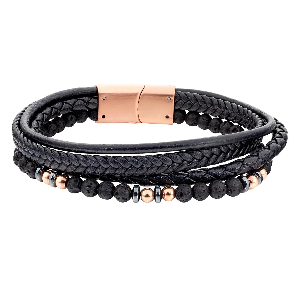 Mens Beaded Cord Bracelet in Black Leather and Rose Gold Tone Metal