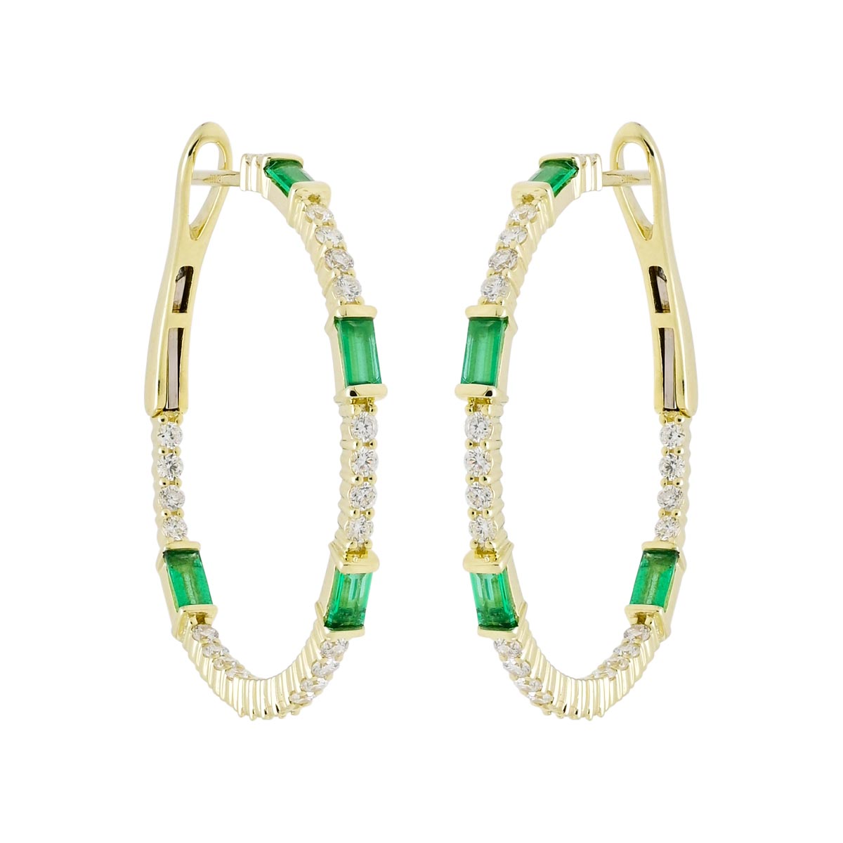 Dabakarov Emerald Cut Emerald Hoop Earrings in 14kt Yellow Gold with Diamonds