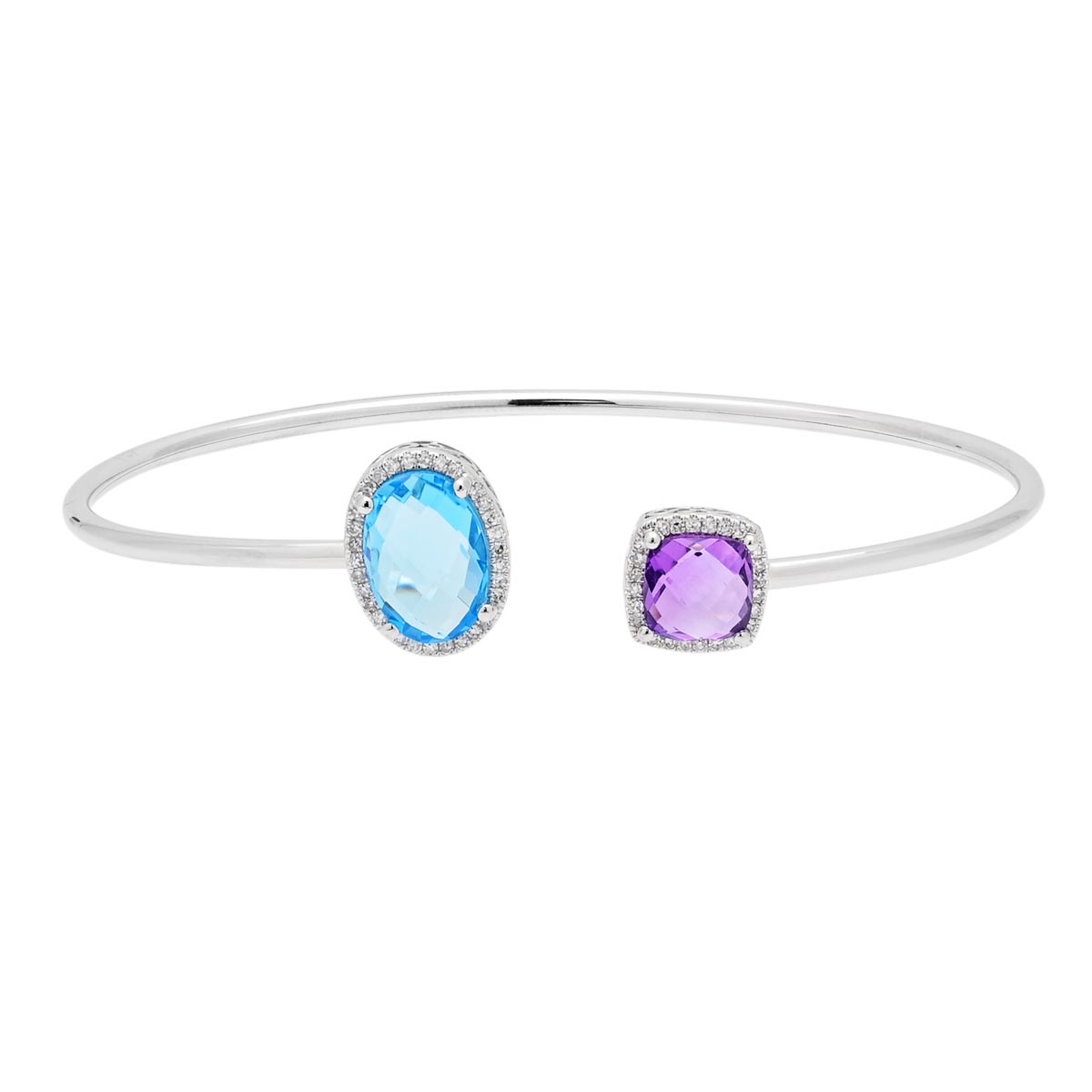 Dabakarov Cushion Cut Amethyst and Oval Blue Topaz Cuff Bracelet in 14kt White Gold with Diamonds (1/7ct tw)