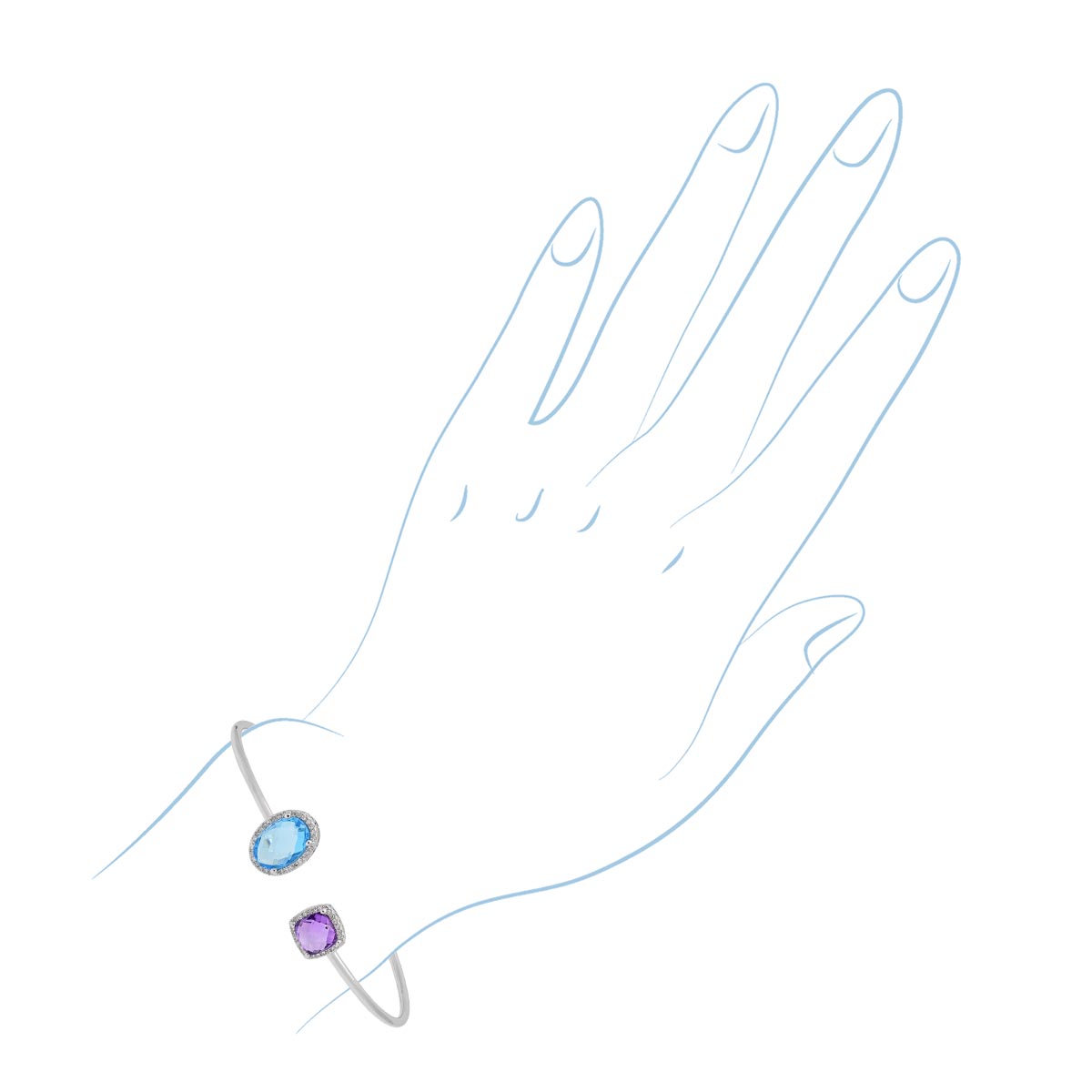 Dabakarov Cushion Cut Amethyst and Oval Blue Topaz Cuff Bracelet in 14kt White Gold with Diamonds (1/7ct tw)