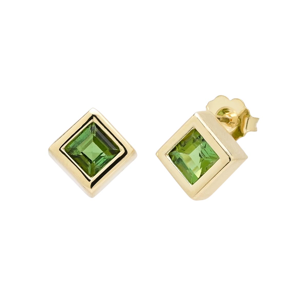 Maine Green Tourmaline Princess Cut Bezel Stud Earrings in 14kt