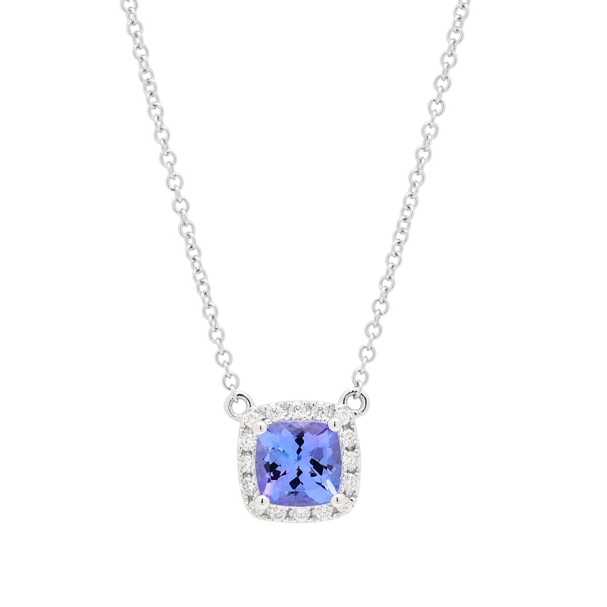 Cushion Cut Tanzanite Necklace in 14kt White Gold with Diamonds (1/10ct tw)