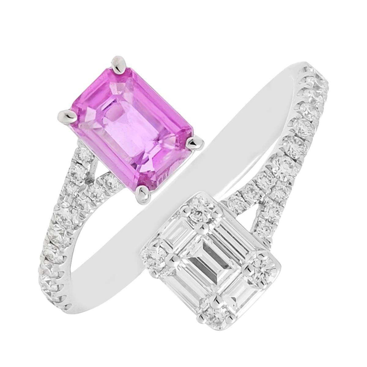 Emerald Cut Pink Sapphire Bypass Ring in 14kt White Gold with Diamonds (5/8ct tw)