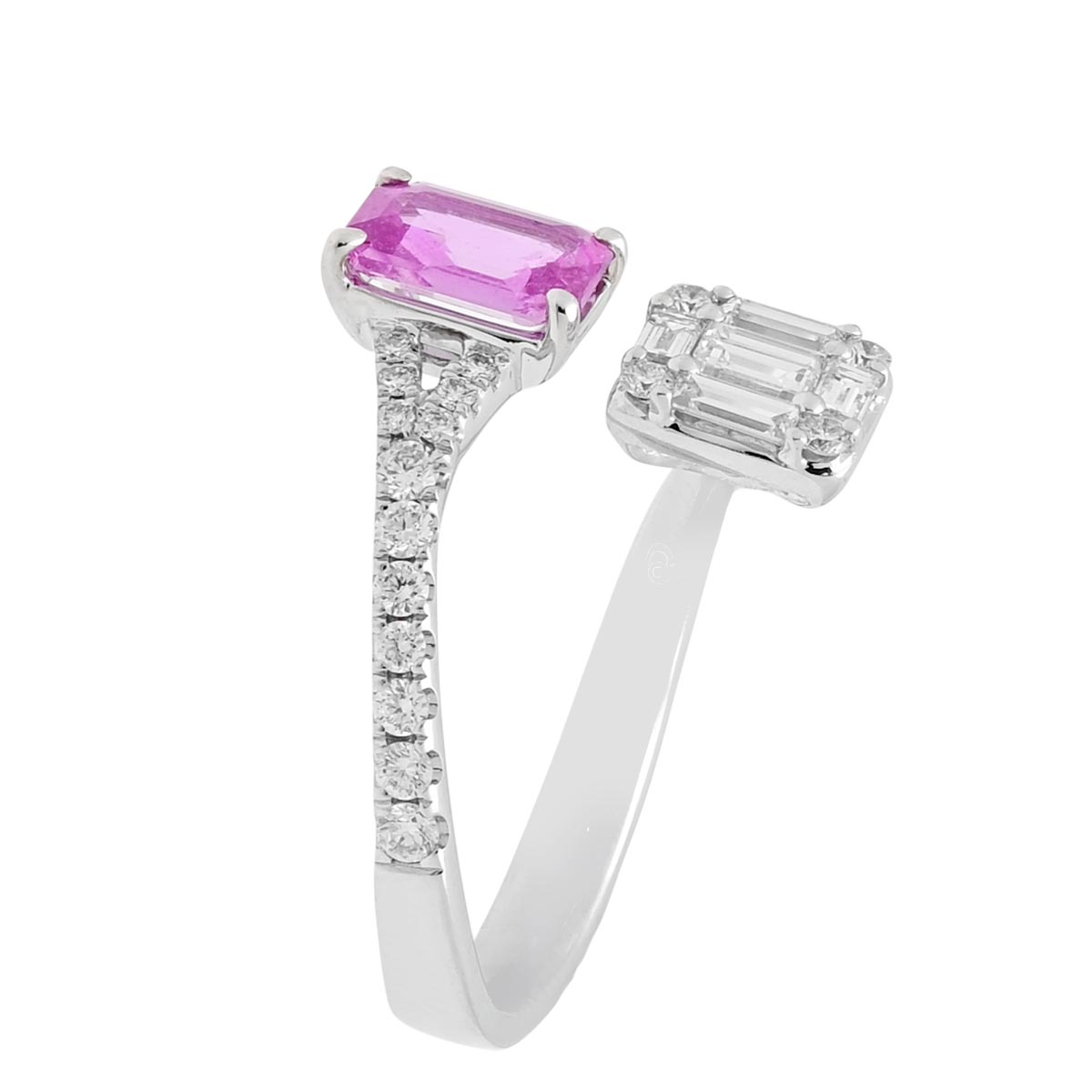 Emerald Cut Pink Sapphire Bypass Ring in 14kt White Gold with Diamonds (5/8ct tw)