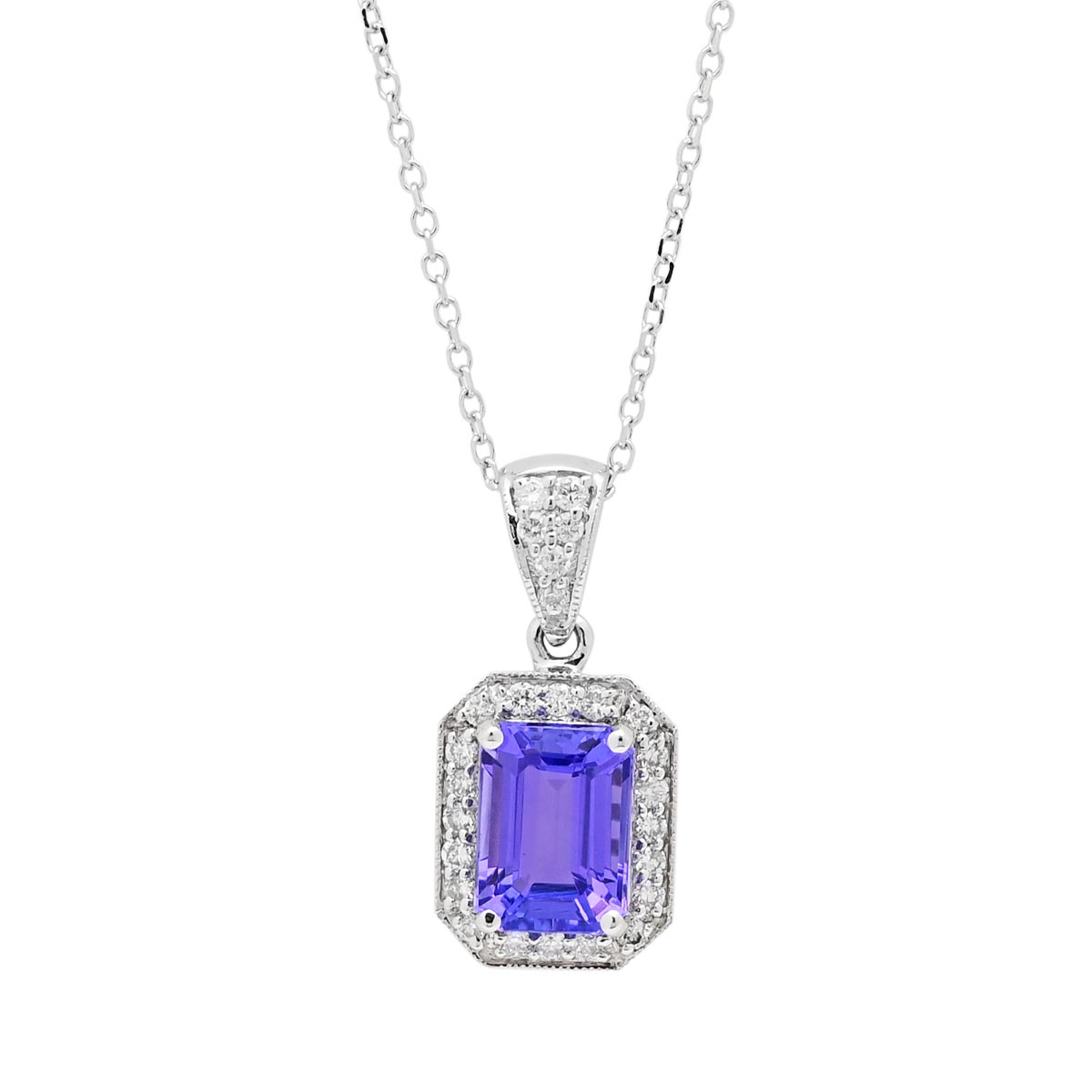 Emerald Cut Tanzanite Necklace in 14kt White Gold with Diamonds (1/7ct tw)