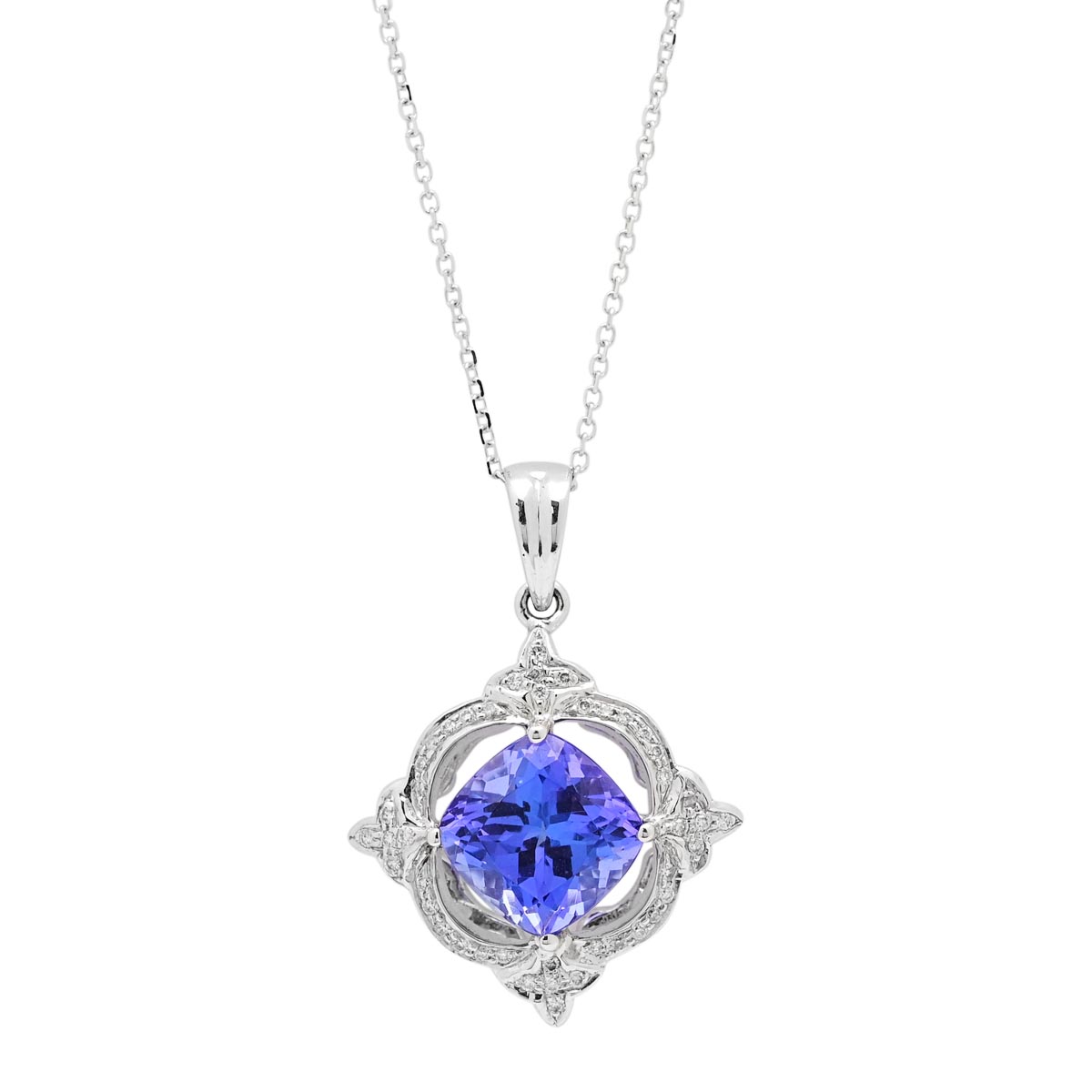 Cushion Cut Tanzanite Necklace in 18kt White Gold with Diamonds (1/5ct tw)