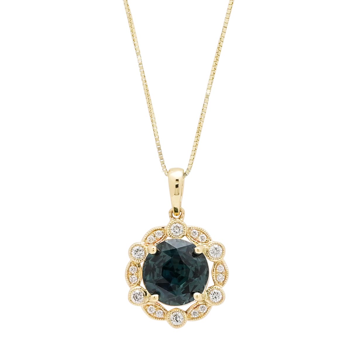 Teal Sapphire Necklace in 14kt Yellow Gold with Diamonds (1/7ct tw)