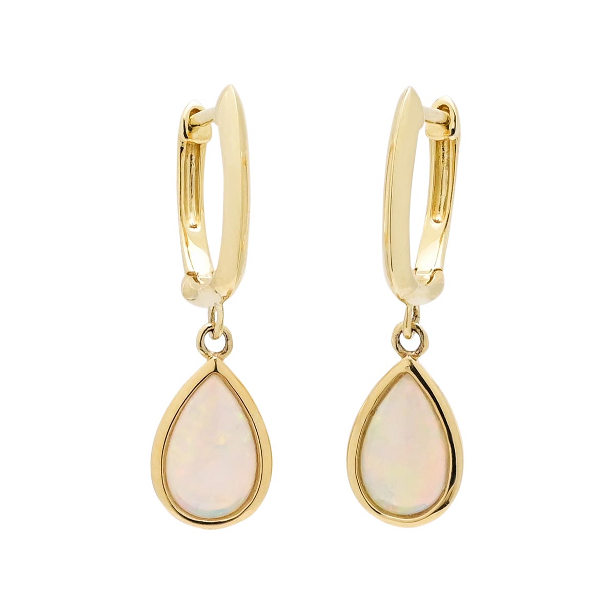 Parlé Pear Shape Australian Opal Bezel Drop Earrings in 14kt Yellow Gold
