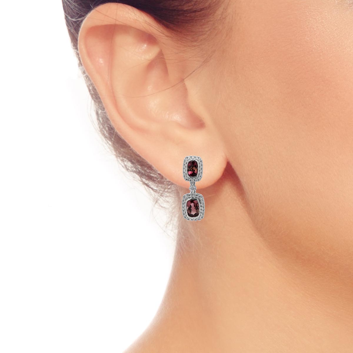 Maine Pink Tourmaline Cushion Cut Drop Earrings in 14kt White Gold with Diamonds (3/8ct tw)