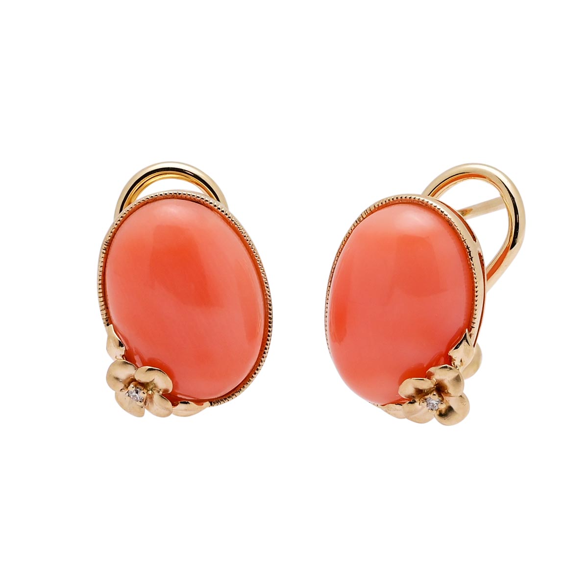 Oval Coral Earrings in 14kt Yellow Gold with Diamonds (.01ct tw)
