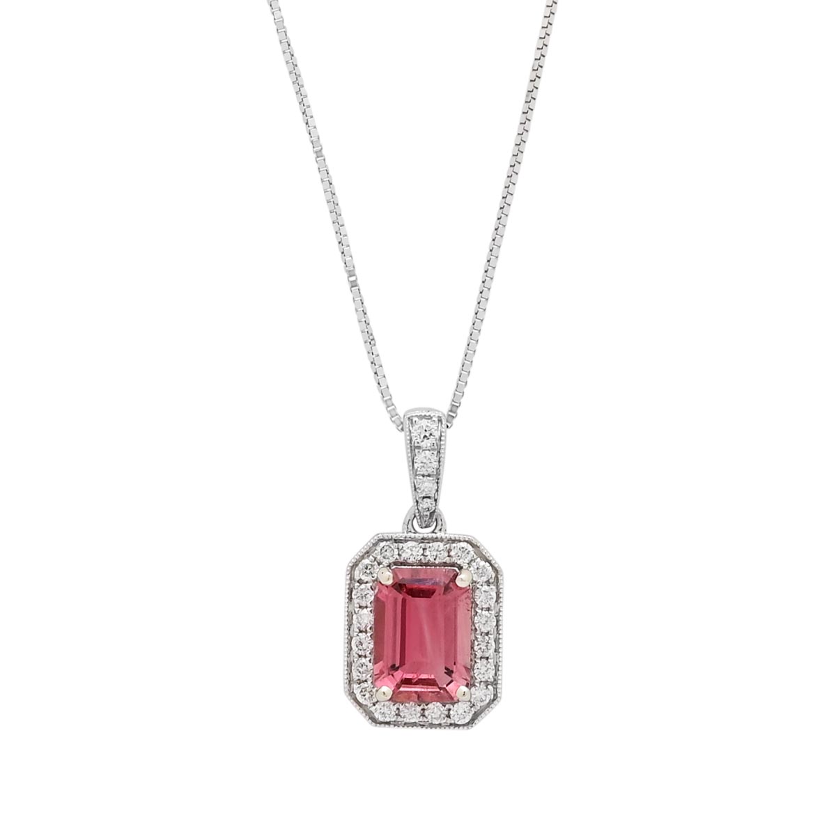 Maine Pink Tourmaline Halo Necklace in 14kt White Gold with Diamonds (1/7ct tw)