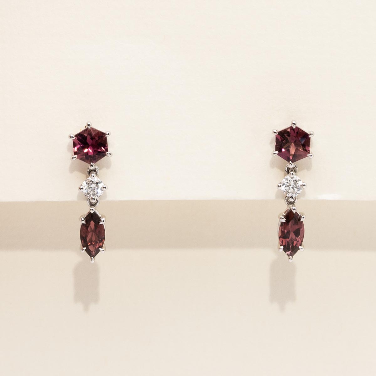 Maine Pink Tourmaline Drop Earrings in 14kt White Gold with Diamonds (1/7ct tw)