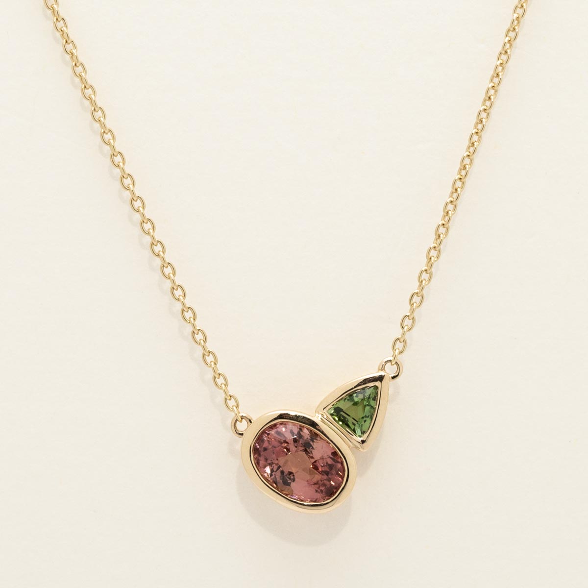 Maine Pink and Green Tourmaline Bezel Necklace in 14kt Yellow Gold