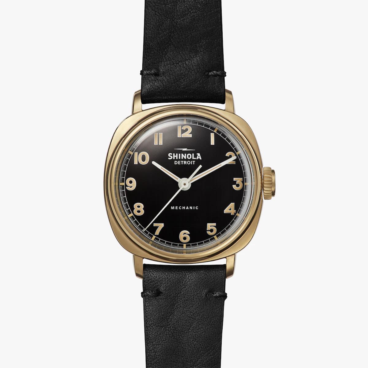 Shinola Mechanic Mens Watch with Black Dial and Black Leather Strap (manual movement)