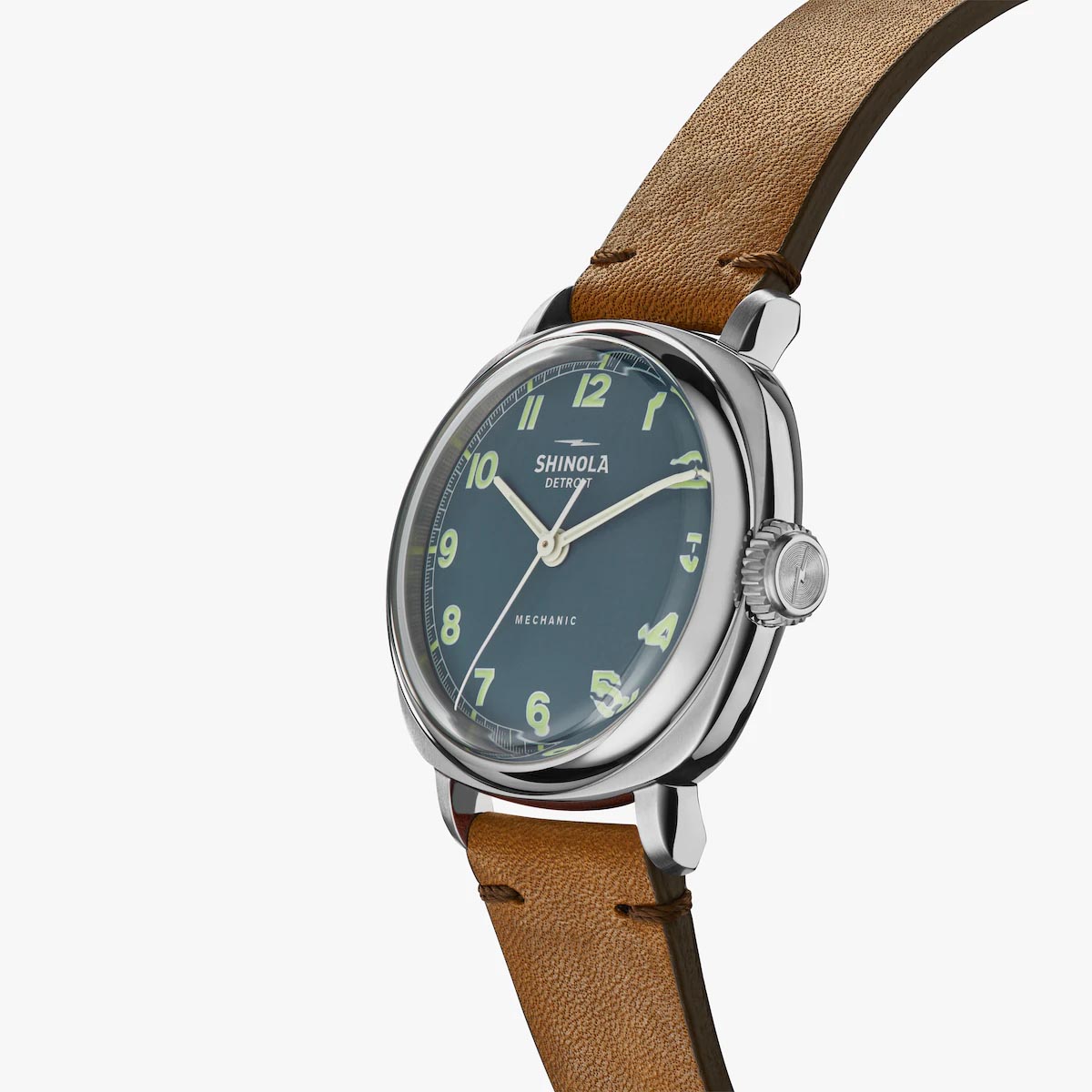 Shinola Mechanic Mens Watch with Blue Dial and Brown Leather Strap (manual movement)