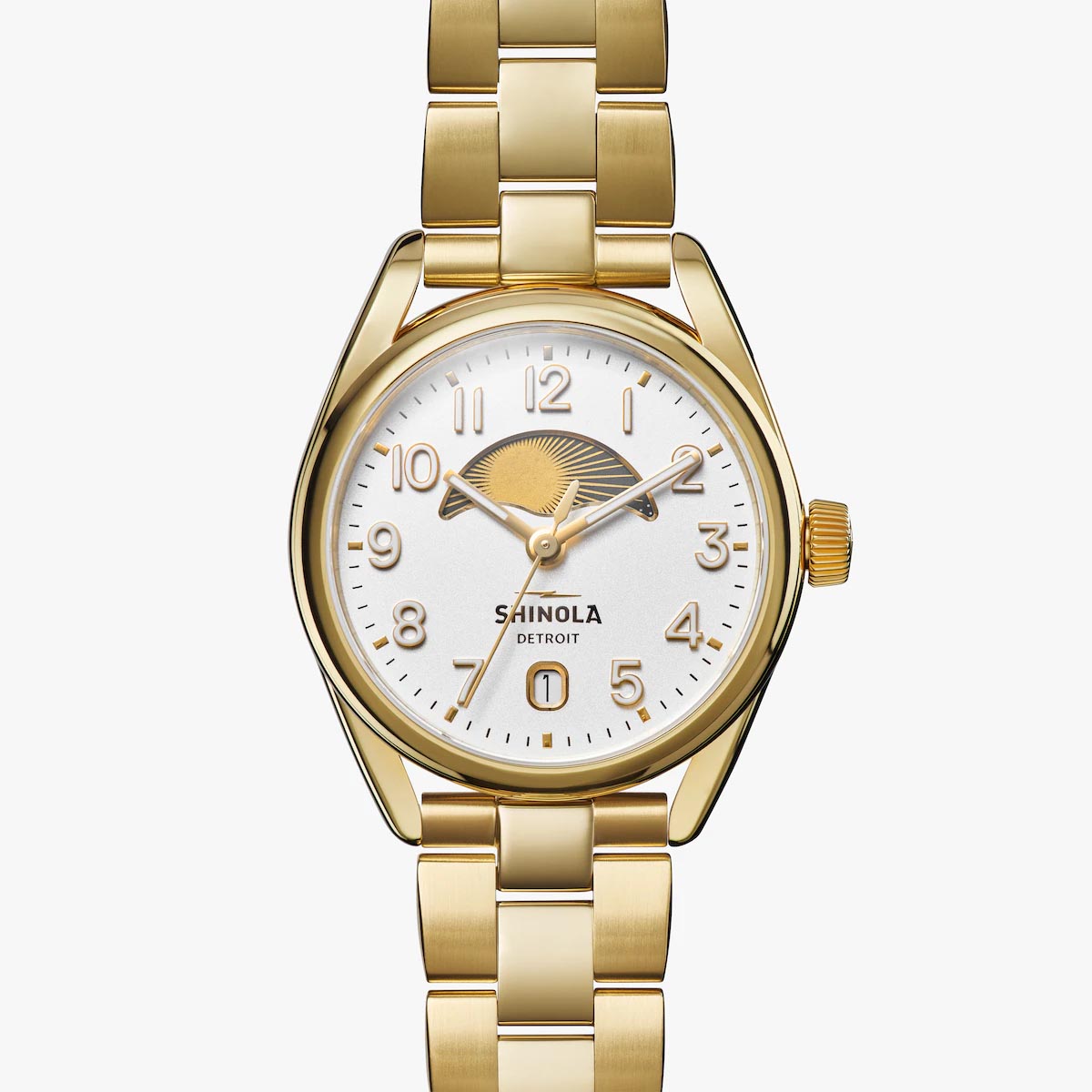 Shinola Day & Night Derby 38mm Watch with White Dial and Gold Tone Stainless Steel Bracelet (quartz movement)