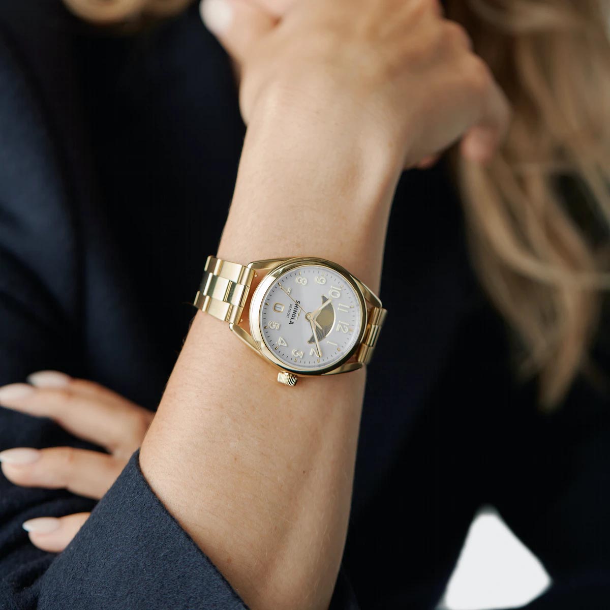 Shinola Day & Night Derby 38mm Watch with White Dial and Gold Tone Stainless Steel Bracelet (quartz movement)